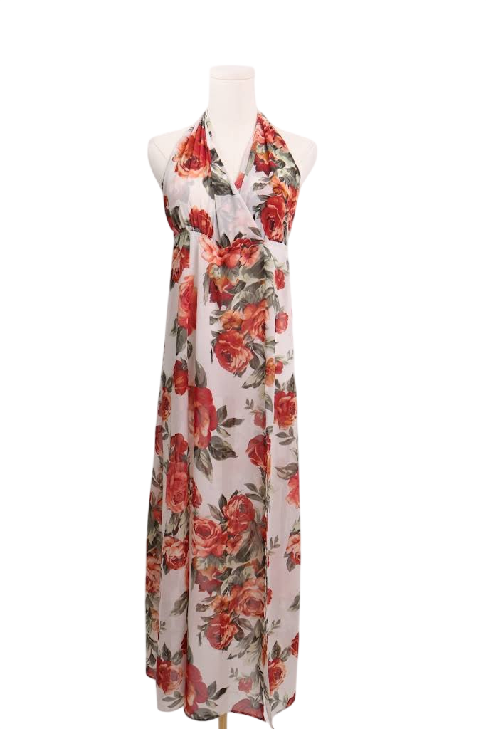 Robe fleurie à col licou et fente latérale