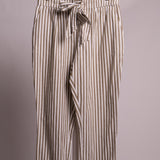 Pantalon taille haute noué ligné blanc et vert olive