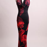 Robe longue fleurie sans manche attachée au coup
