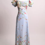 Robe longue fleurie à manches courtes bouffantes