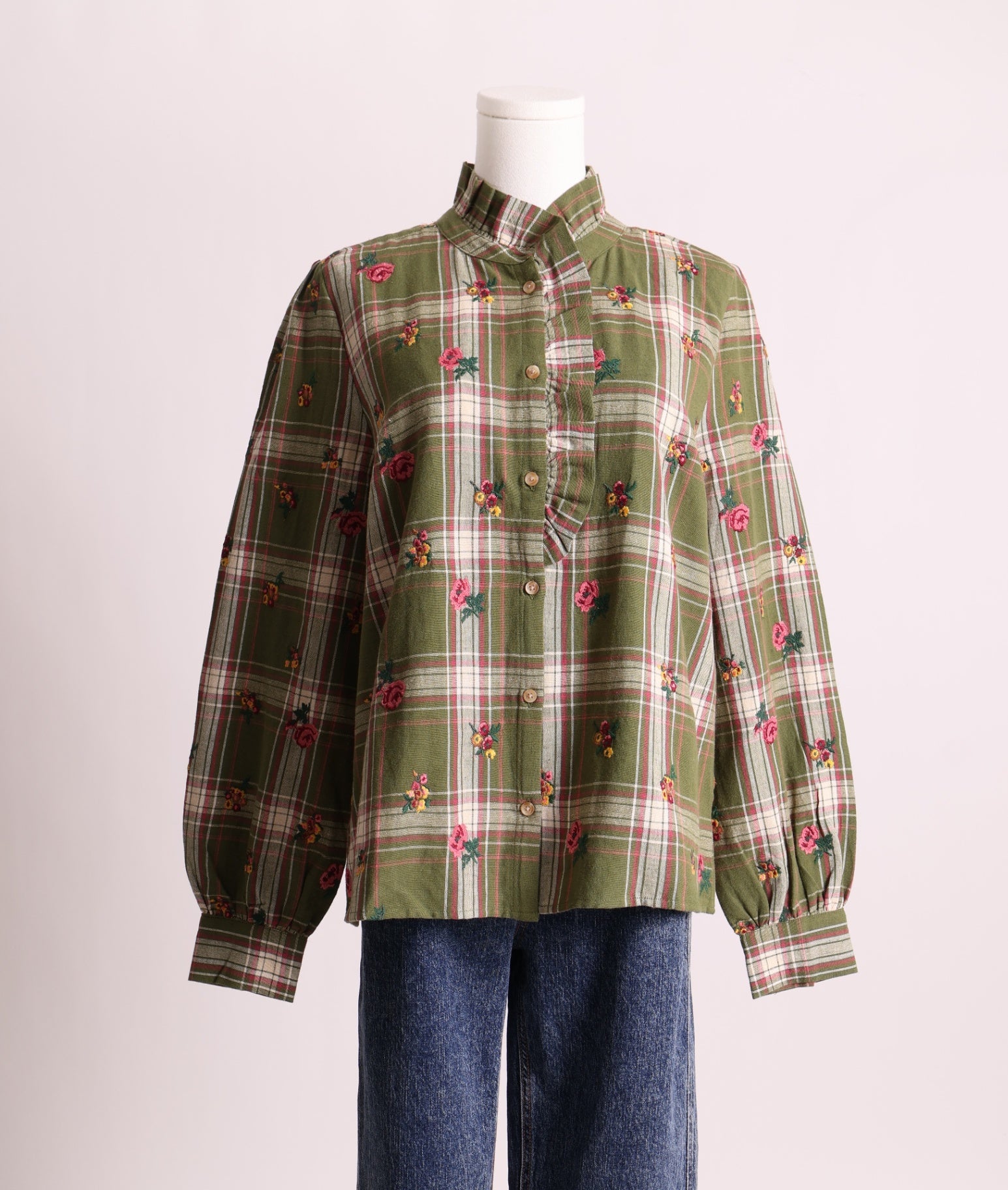 Chemise à carreaux avec broderie de fleurs